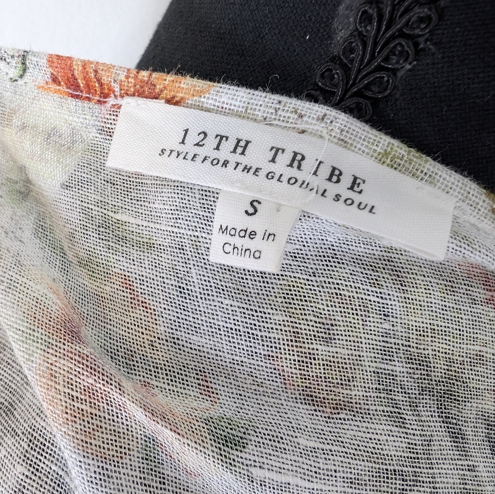 💘 NWOT 12th Tribe Versailles White Green Orange Floral Linen Cropped Wrap Top - Picture 4 of 6